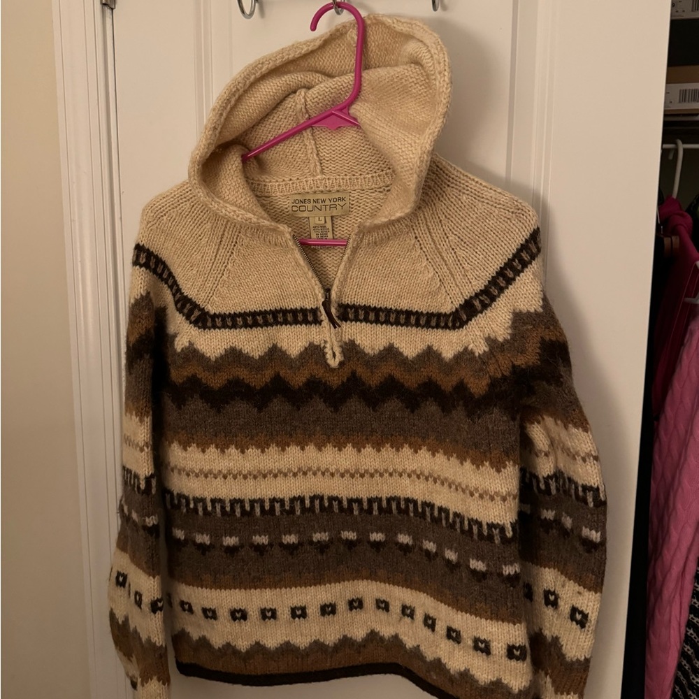 Jones New York Cream and Brown Patterned Sweater